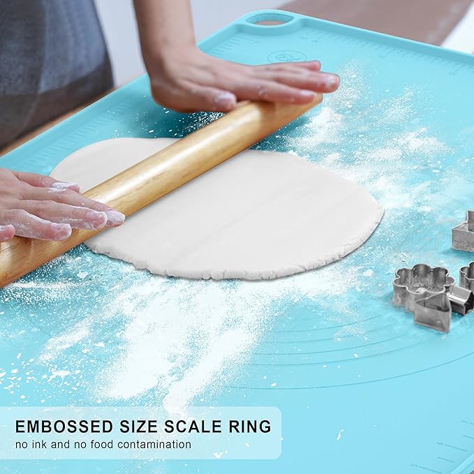 Silicone Baking Mat, Pastry Mat for Rolling Dough, Dough Rolling Pad 24''x16'', Silicone Pastry Mat with Measurements for Pizza, Pie, Macaron, Bread (Sky Blue, XL)