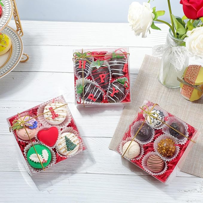 RomanticBaking 50PCS 5x5x2 Inches Full Clear Bakery Boxes Chocolate Covered Strawberries Boxes,Mini Cake, Cookies,Macaron,Pie, Cakesickle &More