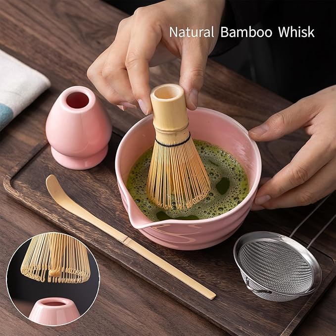 Matcha Set, Matcha Whisk Set Includes Matcha Bowl with Spout, Bamboo Whisk, Matcha Whisk Holder, Sifter, Scoop, Spoon Holder, Tea Towel- 7pcs Perfect Matcha Kit for Matcha Tea Ceremony (Pink)