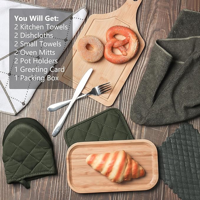 Oven Mitts & Pot Holders Pad and Towel Set, 10-Piece Cute Kitchen Starter Set, Short Oven Mitts, Towels & Dish Cloths for Grilling, Baking, Barbecue