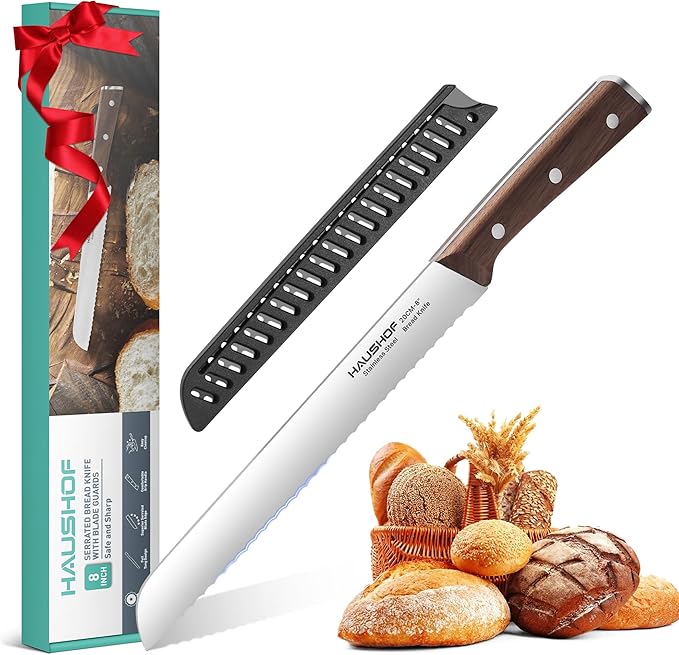HAUSHOF Bread Knife with Sheath, 8-Inch Serrated Bread Knife for Homemade Bread, 5Cr15Mov Premium Stainless Steel Bread Cutter with Gift Box for Mom Dad, Full Tang and Ergonomic Handle