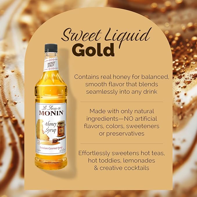Monin - Honey Syrup, Smooth Sweet Honey Flavor, Great for Teas, Lemonades, Cocktails, & Coffee, Gluten-Free, Non-GMO (1 Liter)