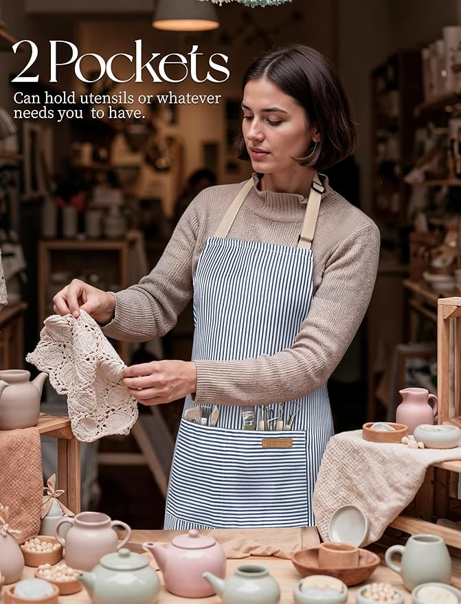 2 Pack Kitchen Cooking Aprons, Soft Aprons for Women Men with 2 Pockets Chef Apron with Adjustable Neck Strap and Long Tie