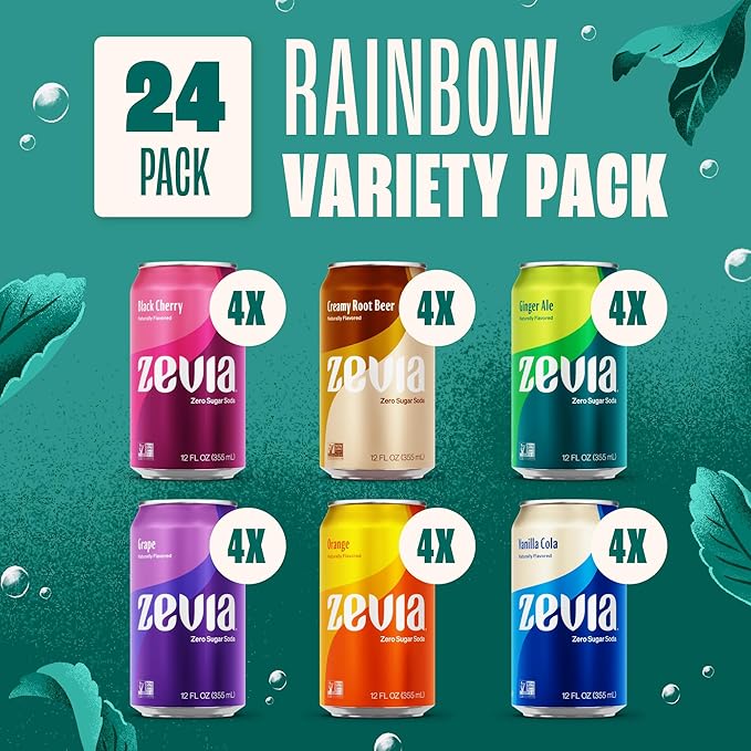 Zevia Zero Sugar Soda, Rainbow Variety Pack, 12 oz Cans (24-Pack) – Naturally Sweetened, Non-GMO Project Verified, Gluten-Free, Vegan