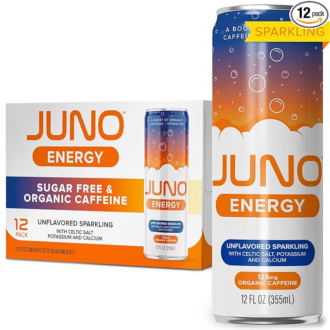 JUNO ENERGY Drink Unflavored Sparkling - Sugar Free Electrolytes, 125mg Organic Caffeine from Green Coffee Beans with Celtic Salt, Potassium & Calcium for Hydration & Energy - 12 Pack