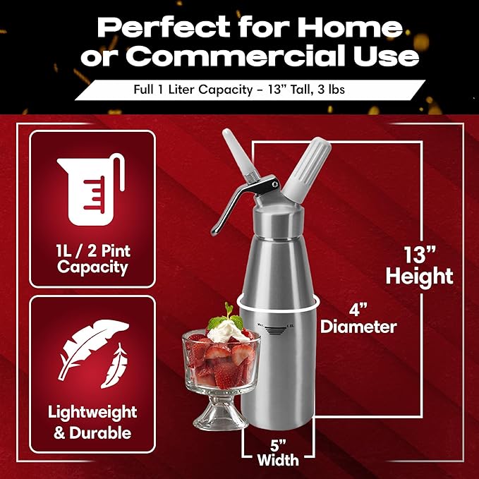 Chef Master (2 Pint / 1 Liter) Aluminum Whipped Cream Dispenser - Decorating Tips for Desserts, Coffee, Latte + Cleaning Brush - Whip Cream Dispenser Canister for Home, Bakery or Restaurant - 90077