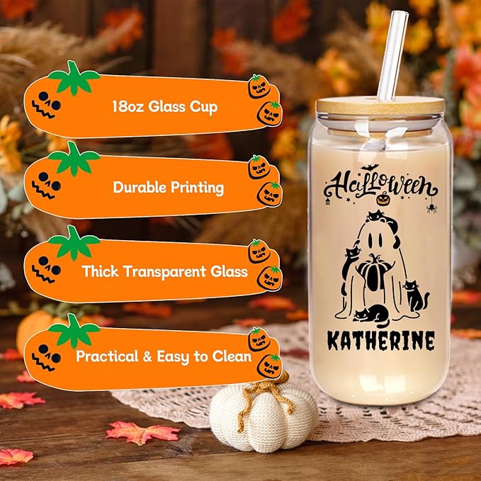 Personalized Halloween Tumbler-Boo Basket Stuffers- Can Shaped Glass with Lids and Straws18OZ -Halloween Gifts for Friend Son Daughter