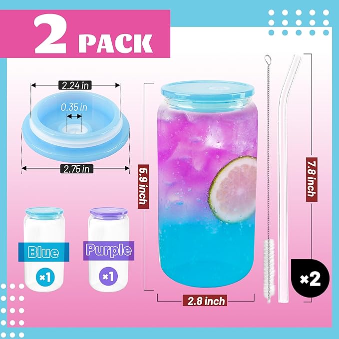 Joyclub 2pcs Glass Cups with Acrylic Lids and Straws 16 oz Can Shaped Glass Iced Coffee Cups with Lids and Straws, Cute Tumbler Cup Drinking Glasses for Smoothie Whiskey Boba Soda Tea Gift