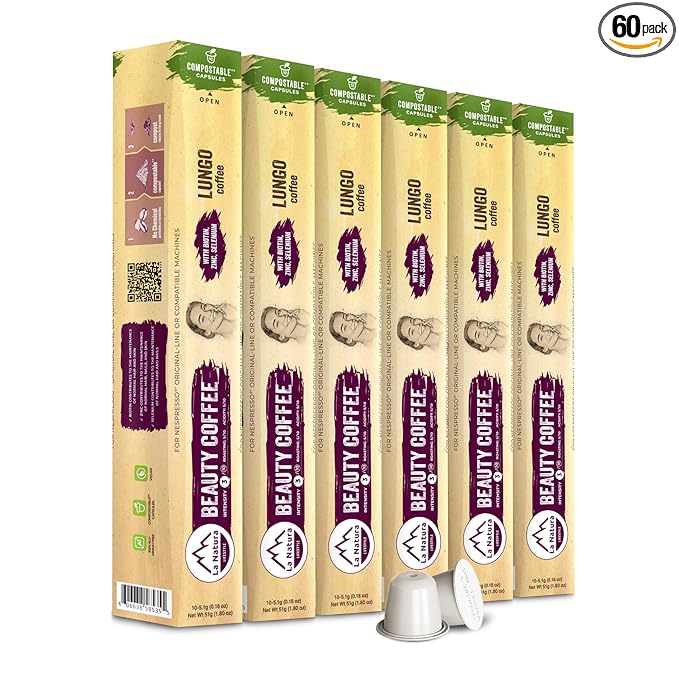 La Natura Lifestyle Beauty Coffee Pods - Lungo Roast European-Style with Biotin, Zinc & Selenium for Hair, Skin & Nails Health - Compostable Nespresso Original Line Compatible Capsules - Pack of 60