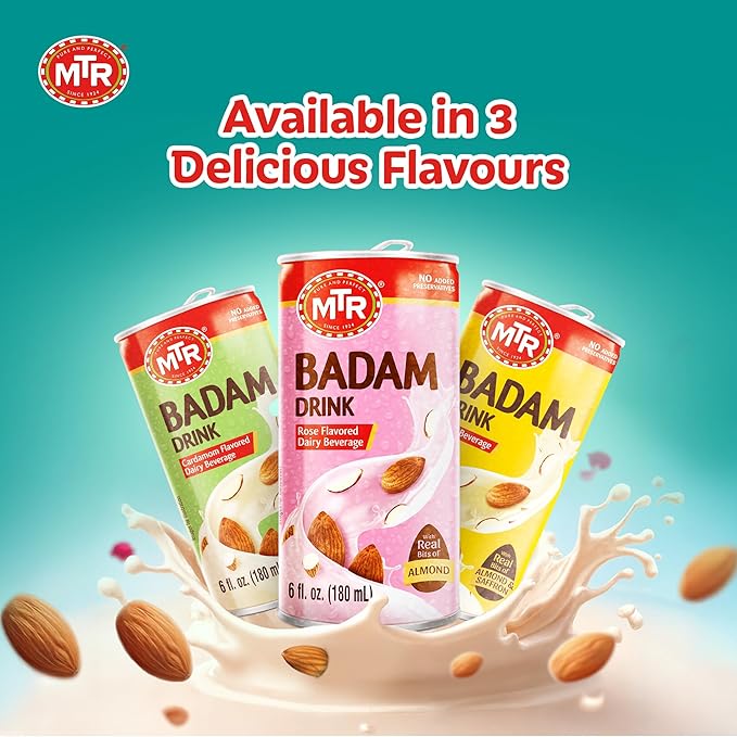 MTR Badam Drink - Rose Flavored, Ready-to-Drink - Authentic Indian Almond Milk Beverage, Real Bits of Almond, No Added Preservatives, Gluten-Free, Refreshing Drink, Perfect for Anytime Refreshment, Pack of 6