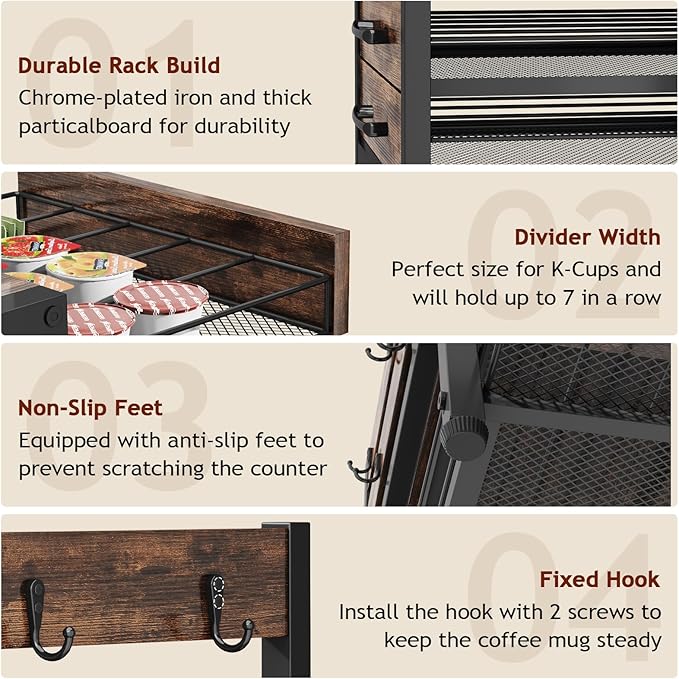 K Cup Holder Drawer - Coffee Pod Organizer for Counter, Sturdy k cups Storage Drawer with Mug Rack, Coffee Maker Stand, 70 Capacity Pods, Home Kitchen Counter Organizer, Rustic Brown