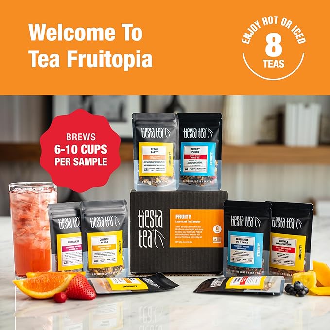 Tiesta Tea - Fruity Tea Sampler Dry Flight Set, Loose Leaf, No Caffeine, Makes Hot and Iced, Assorted Fruit Brews with Mango, Peach, Orange Drinks & More, 8 Resealable Sample Pouches