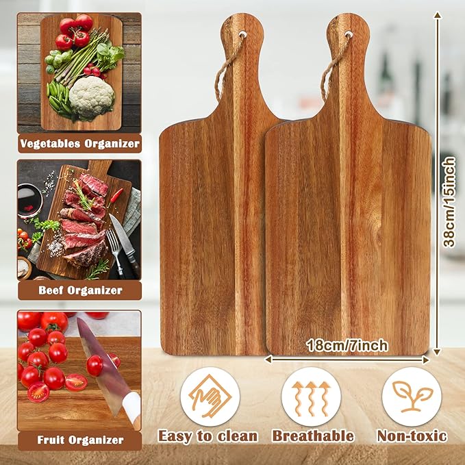 10 Packs Acacia Wood Cutting Board, 15 x 7 Inch Plain Chopping Board with Handles Large Serving Board Wooden Kitchen Cutting Board Bulk with Ropes for Vegetables Meat Pizza Cheese Fruit Bread
