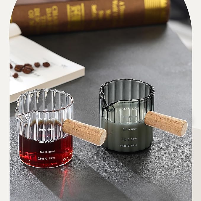 Espresso Cups Set of 2, 4 OZ Espresso Shot Glass with Handle V-Shaped Mouth, Ribbed Milk Frothing Pitcher, Glass Measuring Cup,Cappuccino Cup, Coffee Bar Accessories (Gray)