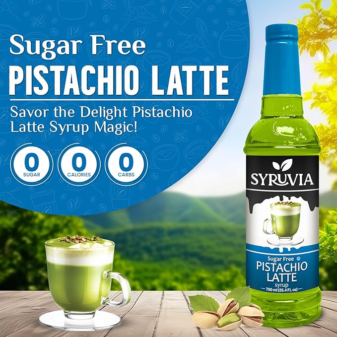 Syruvia Sugar Free Coffee Syrup, Pistachio Latte Flavored Syrup for Drinks, Lattes, and Desserts – 25.4 fl oz, With Pump