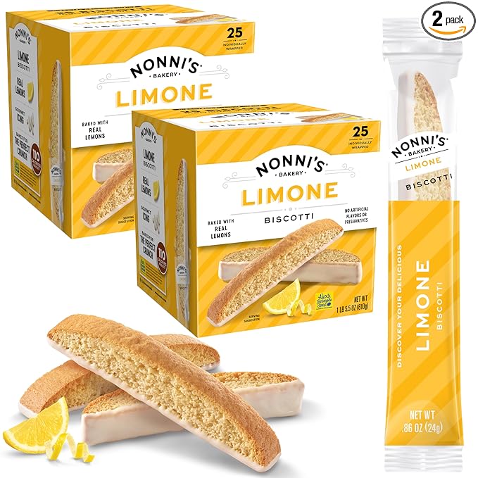 Nonni's Limone Lemon-Iced Biscotti Cookies – Individually Wrapped Italian Tea-Time Snack, Crunchy Twice-Baked, 110 Cal Each, 21.5 oz Carton, 2 Pack