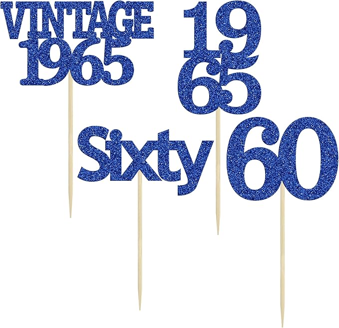 Gyufise 24Pcs Vintage 1965 Cupcake Toppers Cheers to 60 Fabulous Sixty Cupcake Picks Decorations for 60th Birthday Wedding Anniversary Party Cake Decorations Supplies Deep Blue