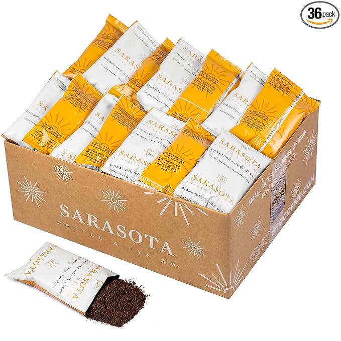 Sarasota Coffee Ground Packets | Gourmet Medium Roast Bulk Coffee Packs | Breakfast Blend | Low Acid Mold Free Singles Individual Pouches for 12 Cup Coffee Maker | 3 Ounce Bags, 36 Count