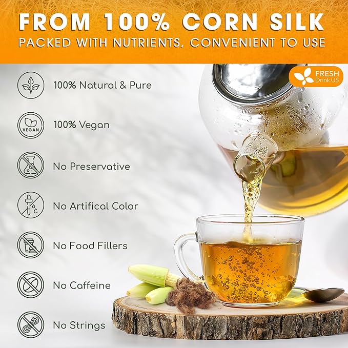 FreshDrinkUS, Premium 135 Tea Bags Corn Silk Tea, 100% Natural & Pure from Corn Silk. Corn Silk Herbal Tea. Clean Ingredients. Made with Natural Material Tea Bags. No Sugar, No Caffeine, Vegan.