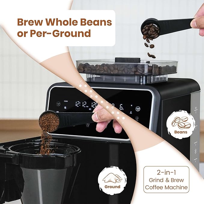 Gevi 10-Cup Grind & Brew Coffee Maker with Built-in Burr Grinder – Programmable Touch Screen, 4-Hour Keep Warm, Permanent Filter, Drip Coffee Machine for Home & Office
