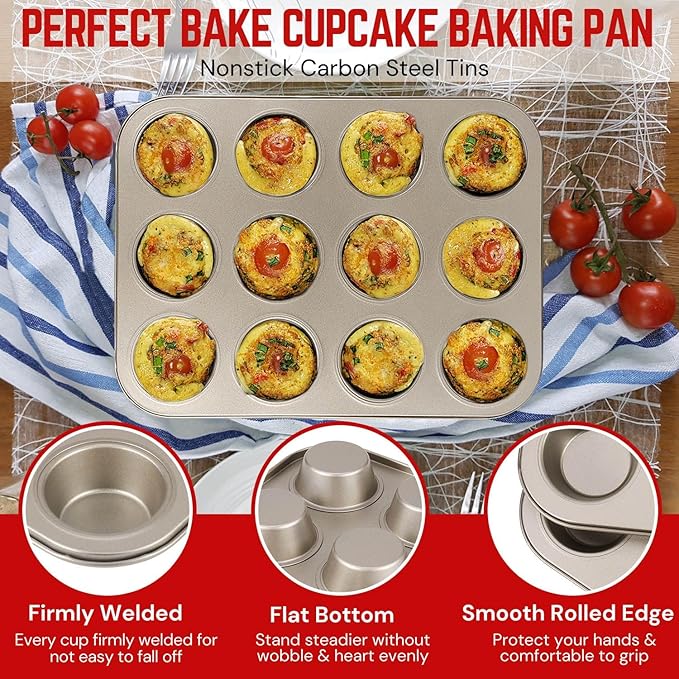 Flexzion Muffin Tray Cupcake Baking Pan 2 Pack, 12-Cup Nonstick Carbon Steel Muffin Tin Non-Stick Cupcake Tin Bakeware Accessories for Baking Cupcake Muffin Brownies Snack, Fridge Safe, Champagne Gold