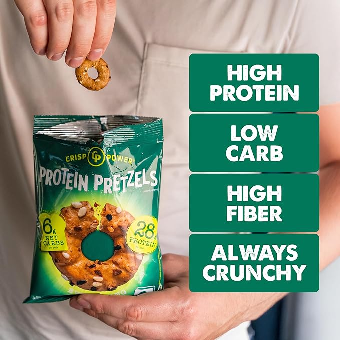Crisp Power Protein Pretzels, Everything, High Protein Vegan Keto Snack, 28 G Plant Based Protein, Low Carb Crunchy Pretzel Snacks, No Added Sugar, No Seed Oils, 1.75 oz Bags, 6 Pack