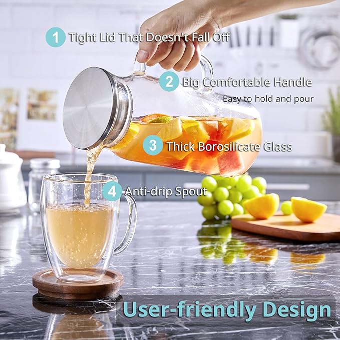 1.2 Liter 40 oz Small Glass Pitcher with Lid and Spout, Glass Carafe for Hot/Cold Water, Iced Tea Jug for Coffee, Juice and Homemade Beverage