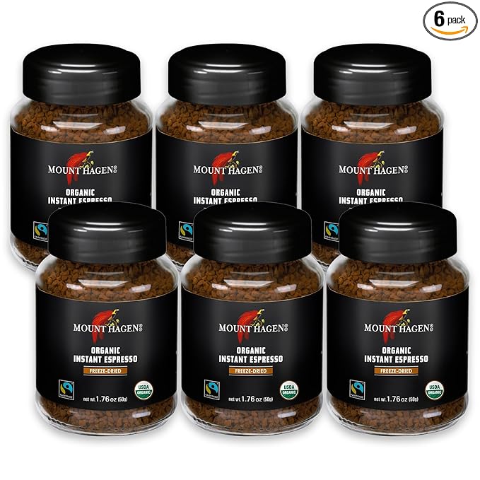 Mount Hagen Instant Espresso Coffee 6 Pack, Eco-friendly Organic Espresso Coffee Made From Medium Roast Arabica Beans, Freeze Dried Instant Coffee, Fair-Trade, Kosher [6x1.76oz/50g Jar]