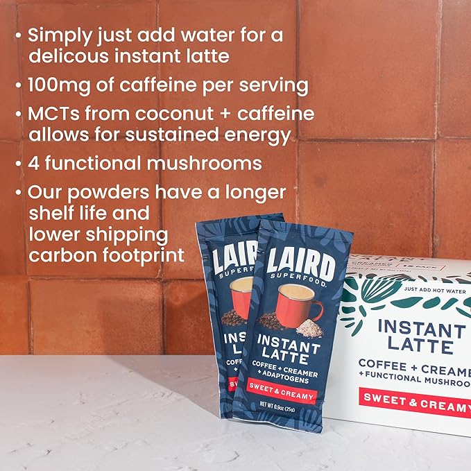 Laird Superfood Instant Latte Sweet & Creamy, Non-Dairy, Superfood Creamer, Gluten Free, Non-GMO, Vegan, 15pk Sachets