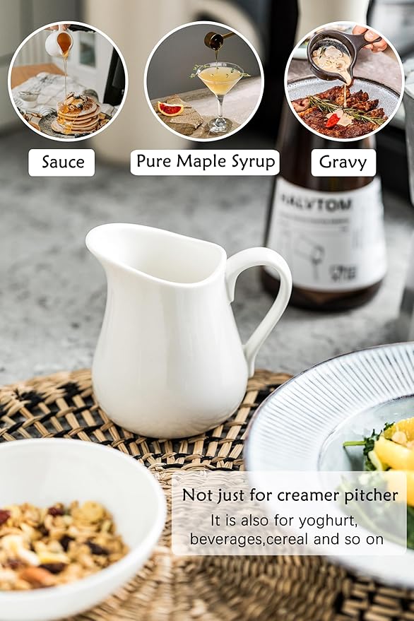 LYEOBOH 17 OZ Creamer Pitcher - Ceramics Creamer with Handle, Coffee Milk Pourer for Home Kitchen Microwave Dishwasher Freezer Safe, White