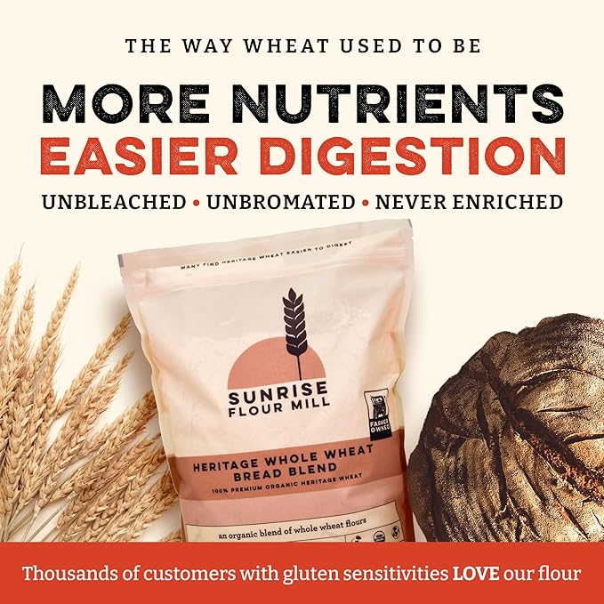 Sunrise Flour Mill Heritage Whole Wheat Bread Blend - 5 lb | USDA Organic All Purpose Flour Unbleached - Non-GMO, Kosher, Grown Without Glyphosate, Ancient Grains, Bread Flour Organic.