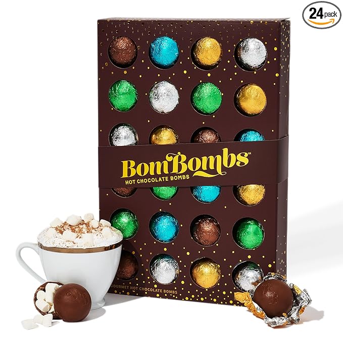 BomBombs, Hot Chocolate Bombs, Includes Fudge Brownie, Caramel, S’Mores, Cookies & Cream, and Peppermint Cocoa Bombs Filled with Marshmallows, Set of 24