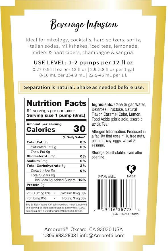 Amoretti - Green Tea Lemonade Beverage Infusion, 94 Servings Per Bottle (750 ml) - Drink Mix & Water Enhancer with Pump for Flavoring Cocktails, Waters, Teas, and other Beverages, Preservative Free