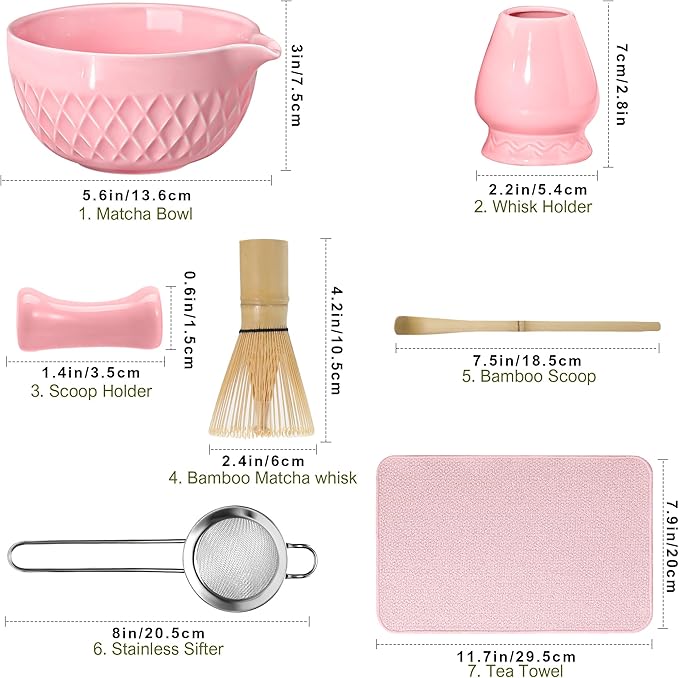 Matcha Whisk Set, 7 Pcs Matcha Kit, Ceramic Matcha Set Includes Matcha Bowl with Spout, Matcha Whisk and Holder, Bamboo Scoop, Scoop Rest, Sifter and Tea Towel (Cherry Blossom Pink)