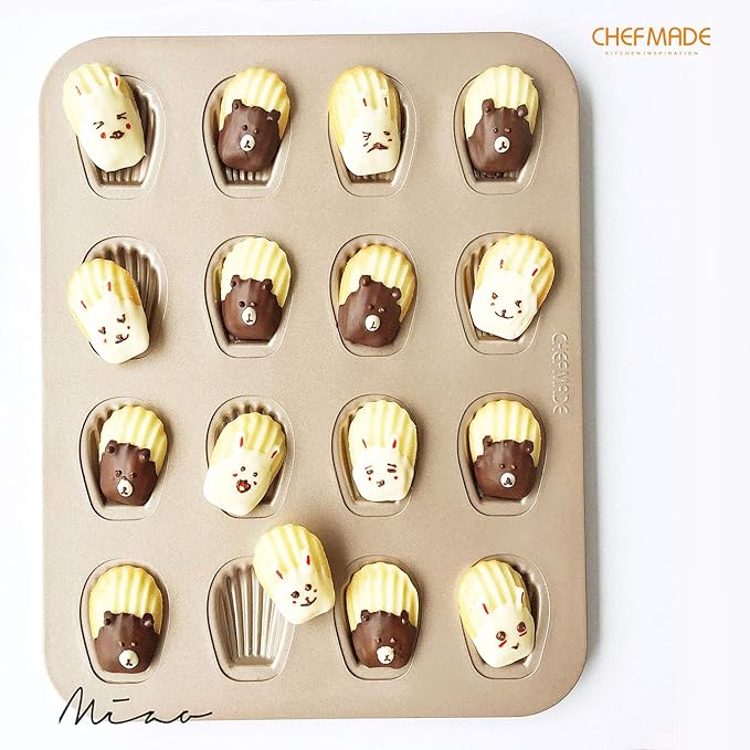 CHEFMADE Mini Madeleine Mold Cake Pan, 16-Cavity Non-Stick Tiny Oval Shell Madeline Bakeware for Oven Baking (Champagne Gold)