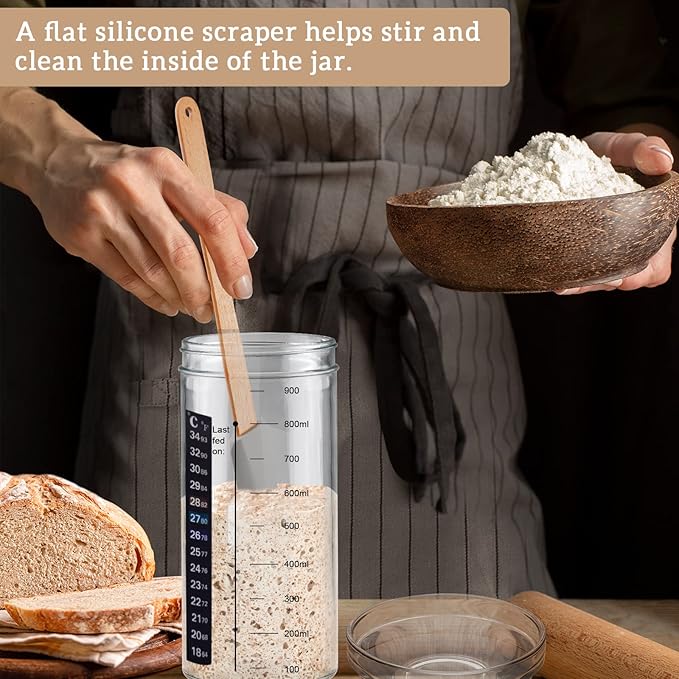 2pcs 1000ML FSourdough Starter Kit with Date Marked Feeding Band, Thermometer, Cloth Cover & Metal Lid, Reusable Sourdough Bread Baking Supplies, Canisters for household or kitchen use