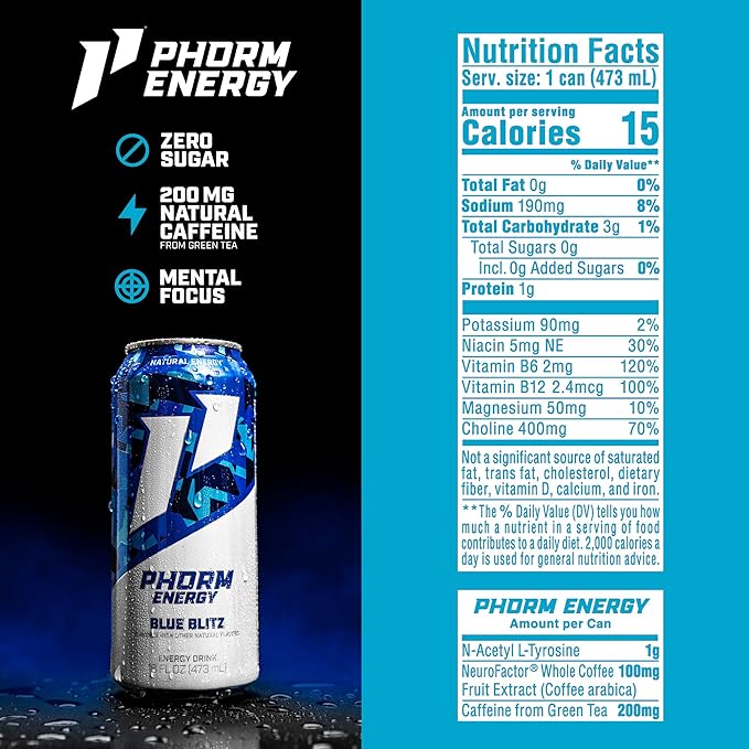 Phorm Energy Drink, Blue Blitz Flavor, 200 MG Natural Caffeine From Green Tea, Sugar Free Carbonated Drink With Electrolytes & Vitamin B12, Dairy & Gluten Free, Vegan, 16 FL Oz Cans, 12 Pack
