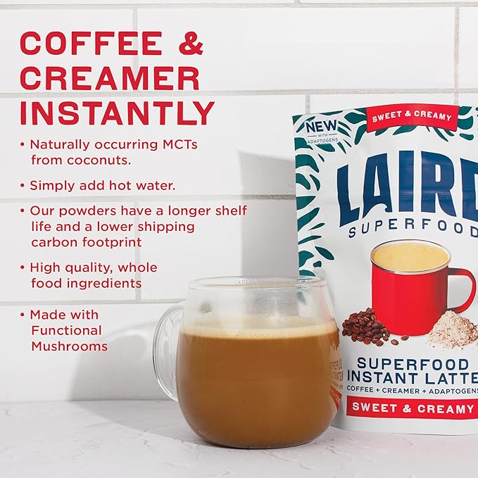 Laird Superfood Instant Latte Sweet & Creamy, Non-Dairy, Superfood Creamer, Gluten Free, Non-GMO, Vegan, 16 oz. Bag, Pack of 1