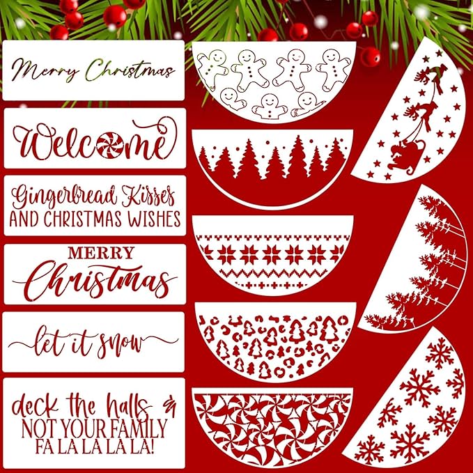Christmas Stencils for Painting 12” Xmas Stencil for Wood Half Round Holiday Stencils Merry Christmas Let It Snow Templates for Porch Door Home Decor