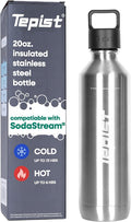 TwentyO 20oz Stainless Steel Bottle Compatible with Sodastream Machines | Silver | Vacuum Sealed | Double Walled | Leak-Proof | Easy to Carry | Reusable Bottle