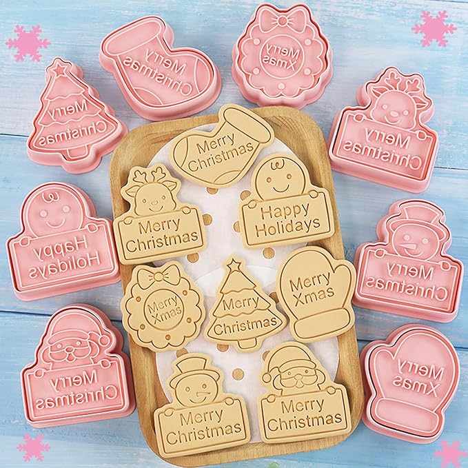 8pcs Christmas Cookie Cutter Set Merry Christmas Cookie Cutters with Plunger Stamps Biscuit Mold 3D Snowman Cookie Molds Cake Baking Fondant Cutter Christmas Party DIY Cookie Decorating Supplies (L8)