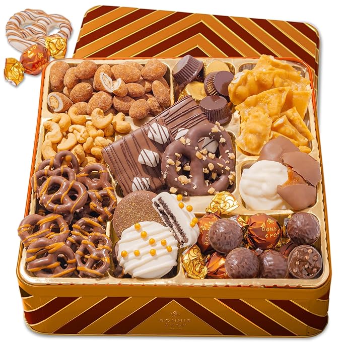 Holiday Chocolate Gift Basket– Thanksgiving Snack Box with Covered Pretzels, Oreos, Nuts & Sweets – Gourmet Food Gift Tin for Christmas, Families, Men, Women, Clients- Bonnie and Pop