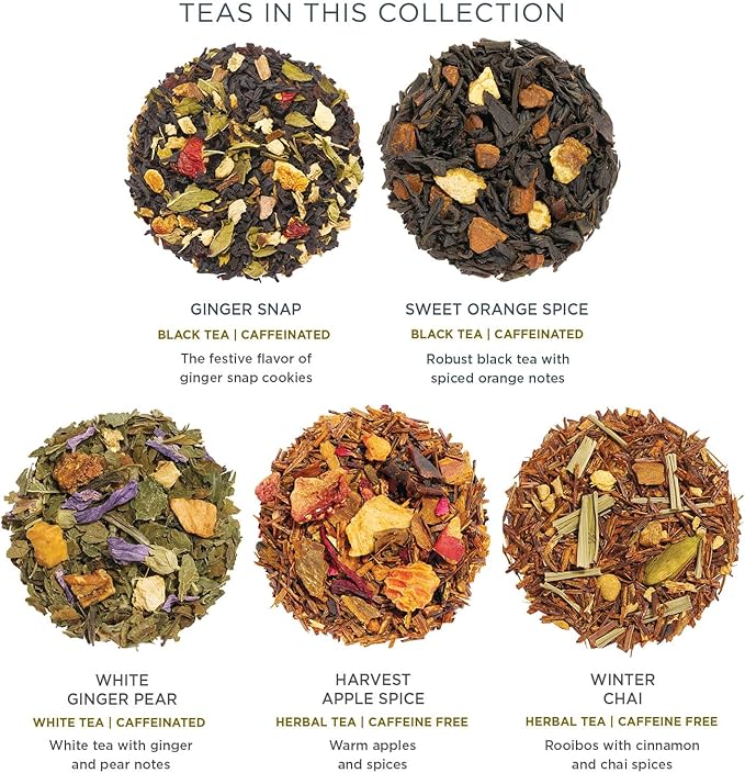 Tea Forte Warming Joy Holiday Premium Presentation Box Gift Set Sampler, 20 Count, 4 of Each Blend Individually Wrapped Handcrafted Pyramid Infuser Bags