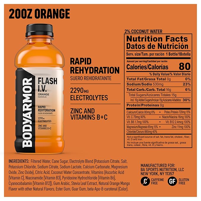 BODYARMOR Flash I.V. Electrolyte Beverage, Orange, Hydration Drink with Coconut Water For Rapid Rehydration, Post Workout Recovery, 20 Fl Oz (Pack of 12)