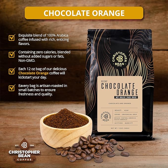 Christopher Bean Coffee - Certified Kosher - Decaf Ground Universal Drip Chocolate Orange Flavored Coffee with Medium Roast | Chocolate Orange Coffee No Sugar with 100% Arabica, No Fats, Non-GMO | 10-Ounce