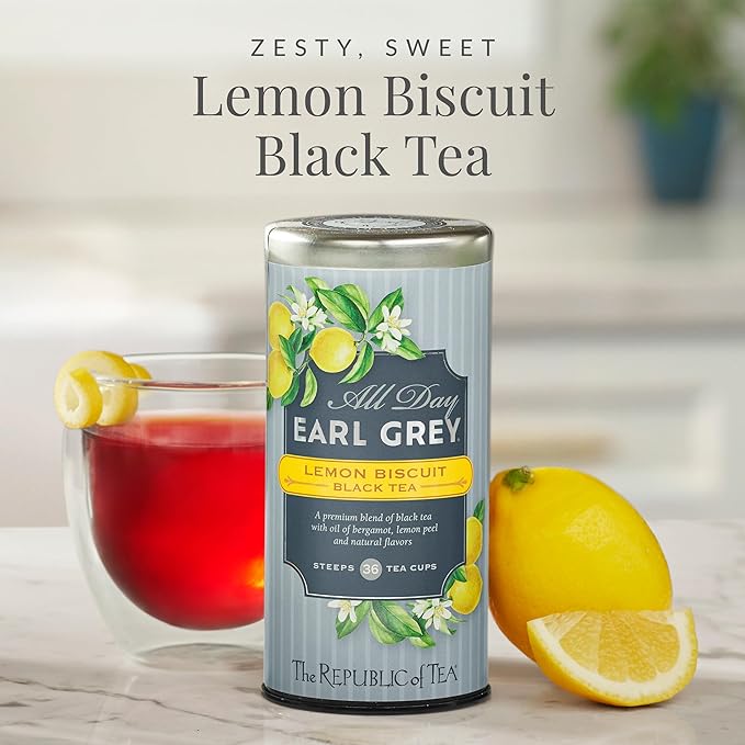 The Republic of Tea – All Day Earl Grey Lemon Biscuit Black Tea, Naturally Caffeinated, 36 Tea Bags