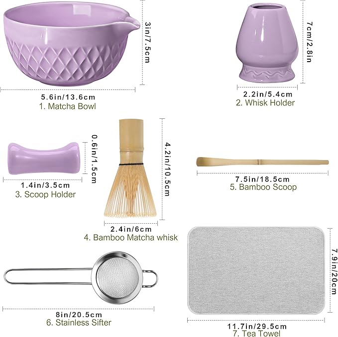 Matcha Whisk Set, 7 Pcs Matcha Kit, Ceramic Matcha Set Includes Matcha Bowl with Spout, Matcha Whisk and Holder, Bamboo Scoop, Scoop Rest, Sifter and Tea Towel (Royal Purple)