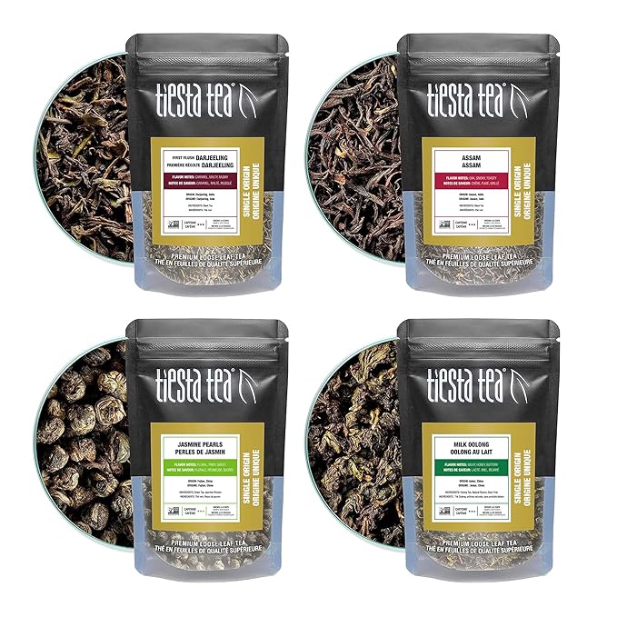 Tiesta Tea - Single Origin Tea Sampler Dry Flight Set, Loose Leaf, High to Low Caffeine, Makes Hot & Iced, Assorted Brew Sets with Green, White, Black & Oolong, 7 Resealable Sample Pouches