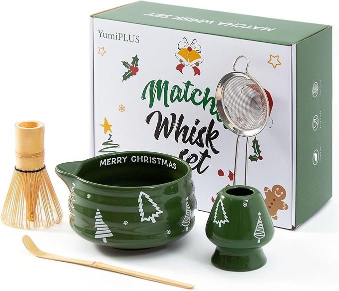 5pcs Premium Matcha Set,Ceramic Bowl with Spout and Bamboo Whisk set, Ceremonical Matcha Kit for breakfast/latte,Tea Starter Making Kit,Christmas Matcha Gift set (Christmas Tree)