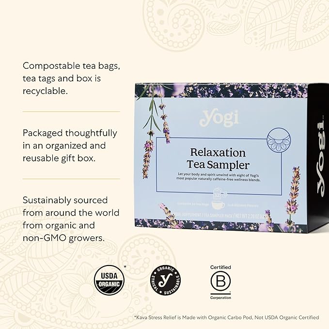 Yogi Relaxation Sampler Box (32 Tea Bags) - 8 Favorite Herbal Teas for Stress Relief & Sleep - Organic & Caffeine Free